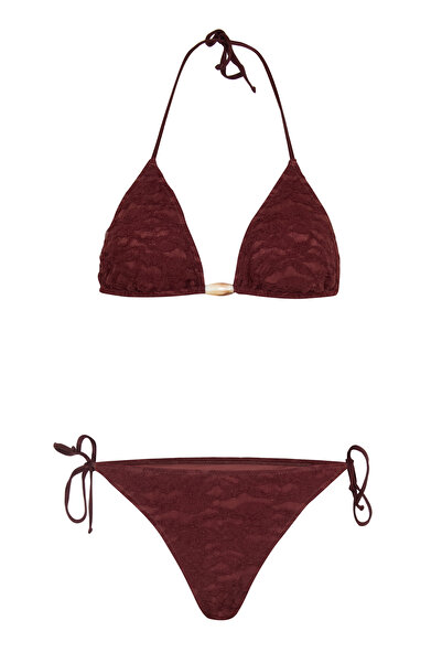 AQUELLA Brown Lace Triangle Bikini with Bead Accessories
