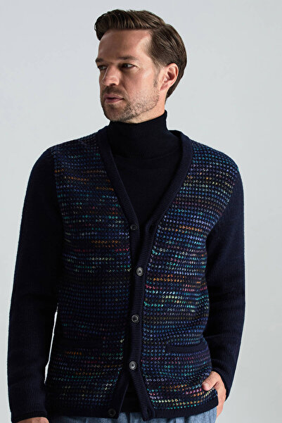 Hemington Merino Yün Etnik Desen Düğmeli Lacivert Hırka