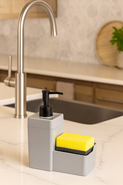 MAKRİ HOME Dozator de săpun lichid Diamond cu suport pentru burete 450 ml (19x16x8 cm) - Gri