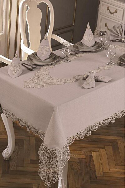 Çeyiz Diyarı French Guipure Jasmine Velvet Single Tablecloth Gray