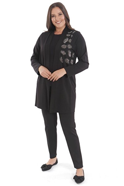 Metpoint Trend42Plus Plus Size Stone Printed Long Black Cardigan