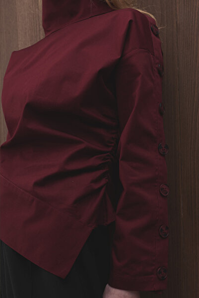 Hooopstore Button Detailed Asymmetrical Burgundy Blouse