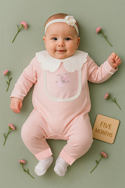 Haus Violett Beyaz Fisto Yaka Nakışlı 4'lü Pembe Kız Bebek Tulum Seti, %100 P...