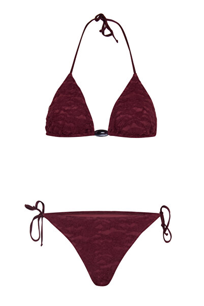 AQUELLA Burgundy Lace Triangle Bikini with Bead Accessories