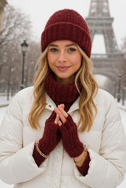 MARBERRY قفازات نسائية محبوكة باللون العنابي، طقم مكون من قطعتين