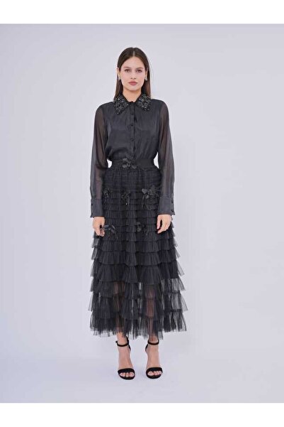 SERPİL Taş İşlemeli Saten Uzun Kollu Kadın Gömlek 50574