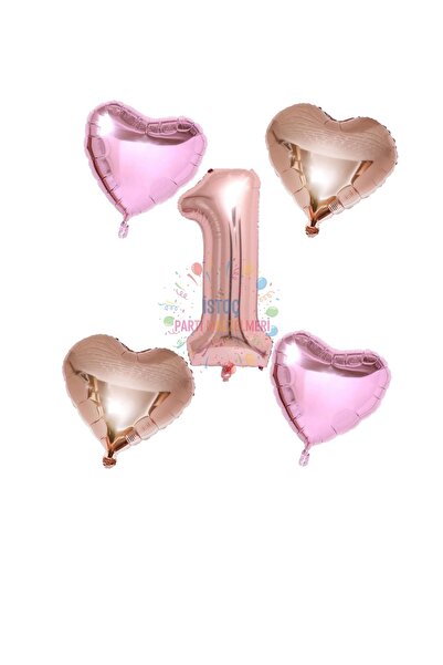 İSTOÇ PARTİ Rose Gold Number Heart and Pink Heart Foil Balloon Set Age 1