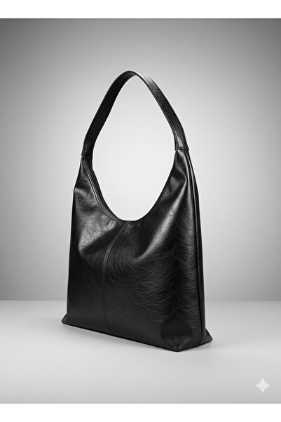 KISCHE Women's Shoulder Bag Wrinkled Leather Black Zipper Lining Shoulder Bag