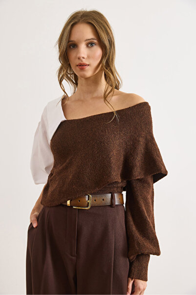 Olalook Дамски кафяв поплинен пуловер с детайли KZK-19001029