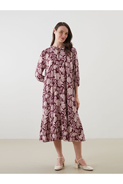LC Waikiki Lcw Grace Plum Tie Collar Floral Dress