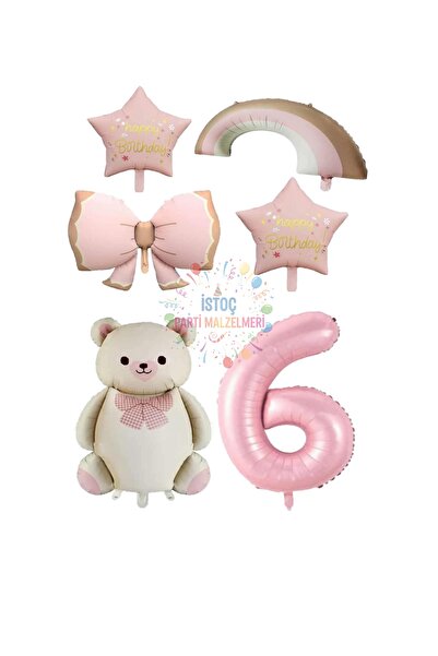 İSTOÇ PARTİ Pink Color Bow Star Number Rainbow and Cream Teddy Bear Foil Ball...