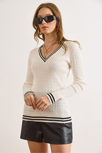 Olalook Жіночий светр з V-подібним вирізом, з смужками та плетеним візерунком KZK-19001027