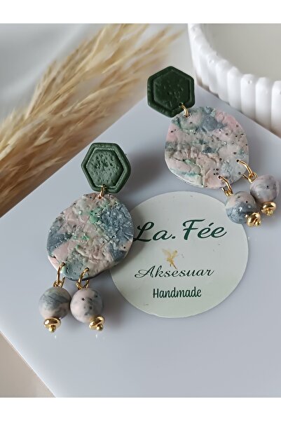 La fee aksesuar Steel Earring Apparatus Khaki Green and Soft Colored Handmade...