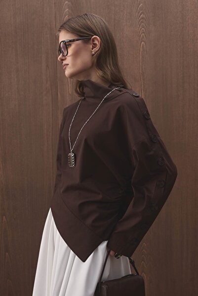 Hooopstore Düğme Detaylı Asimetrik Kahve Bluz