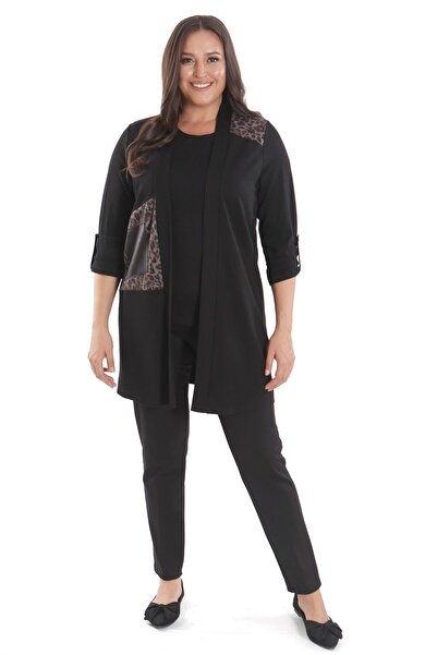 Metpoint Trend42Plus Plus Size Leopard Print Black Cardigan