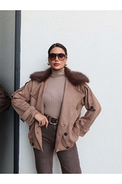 ESRAHELVACI Яке от велур с кожана яка и еластична талия