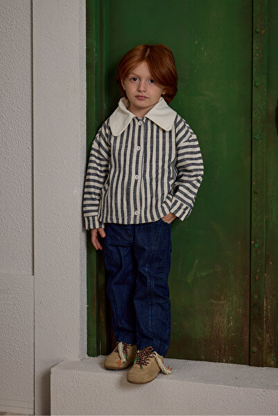 Fahhar Kids Collared Striped Jacket Navy Blue