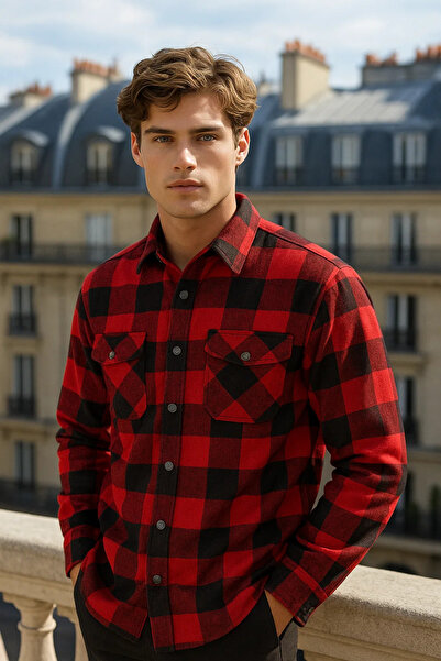 COMBİNE MİCHAİL Ανδρικό μακρυμάνικο χειμερινό μπορντό πουκάμισο ξυλοκόπος