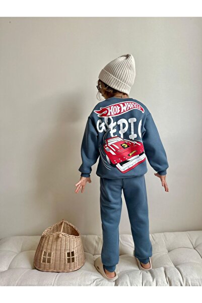 Patriko Boys' Car Printed Inner Fleece Lined Winter New Season Blue Color 3-10 Years Old Tracksuit Bottom and Top Set
