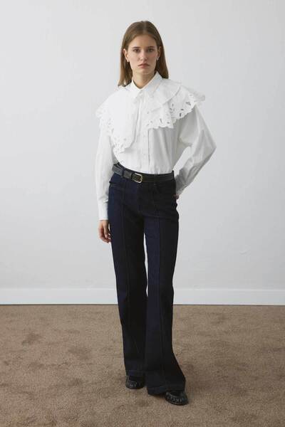 Hooopstore Premium Poplin Pleated Detailed Embroidered White Collar