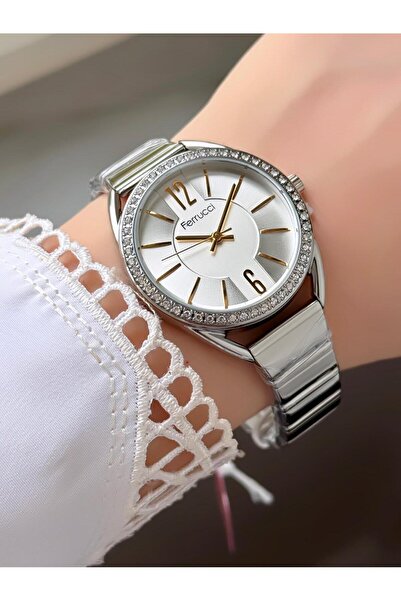 Ferrucci Women's Round Stone Bezel White Dial Silver Metal Band Wristwatch