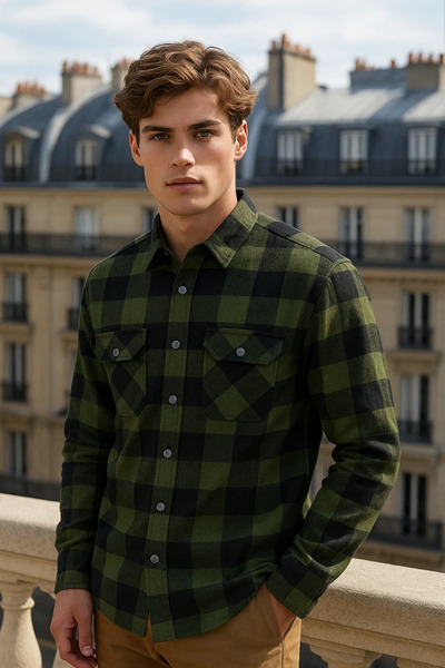 COMBİNE MİCHAİL Чоловіча довга рукавна зимова сорочка хакі кольору деревини