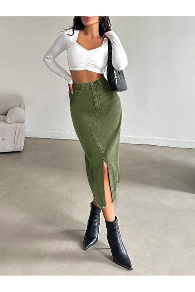 Dema Kadın Denim Pamuklu Yırtmaçlı Uzun Haki Etek