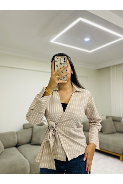 FASHION Kahve Beyaz Çizgili Gömlek