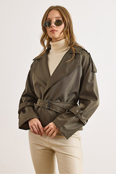 Olalook Women's Khaki Lined Belted Short Bondit Trench Coat Trc-00000014