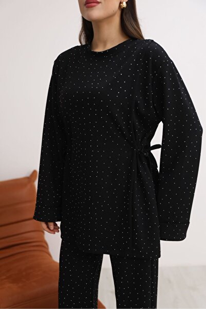 Mira İpek Γυναικείο Σετ Σάλι Μοντέρνο Υφασμάτινο Κρυστάλλινο Πέτρινο Λεπτομερές Σετ Δύο Τεμάχια με Δώρο