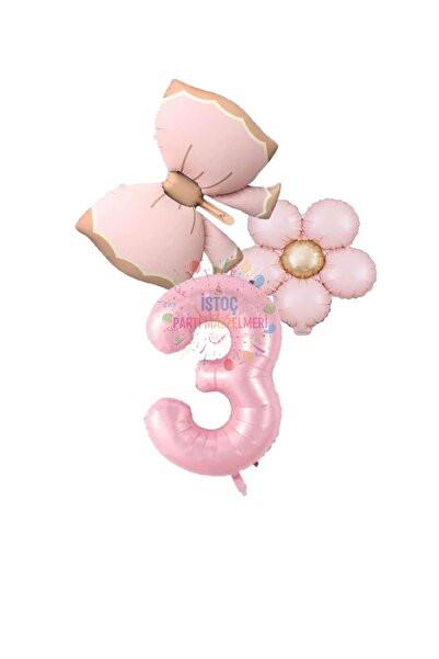 İSTOÇ PARTİ Pembe Renk Fiyonk Papatya ve Rakam Folyo Balon Seti Yaş 3