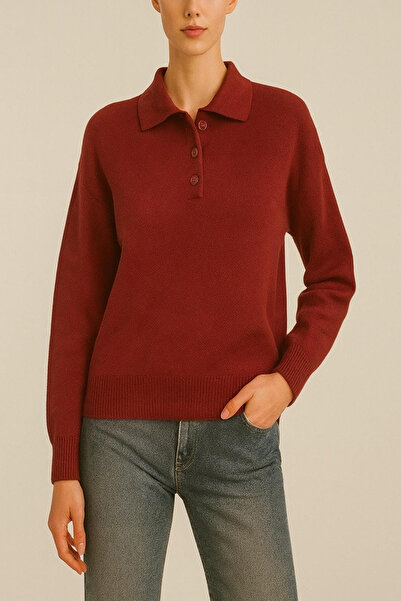 VıoShıne Women's Polo Neck Buttoned Basic Plain Knit Sweater