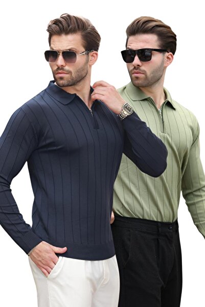 Madmext Navy Blue/Khaki Polo Neck Zippered 2-Pack Knitted Sweater E7456