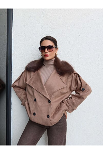 ESRAHELVACI Яке от велур с кожана яка и еластична талия