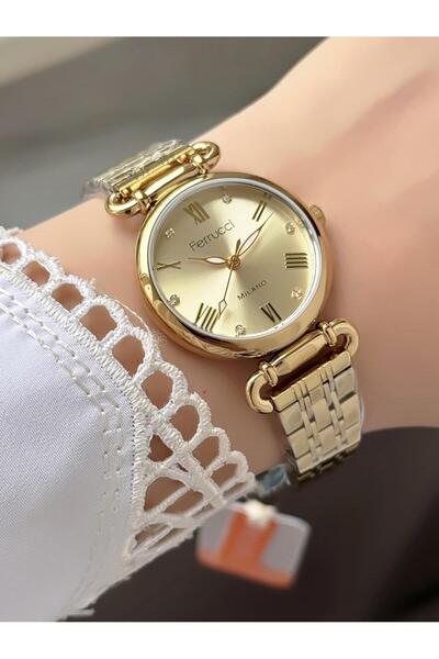 Ferrucci Women's Round Stone Dial Gold Metal Band Wristwatch
