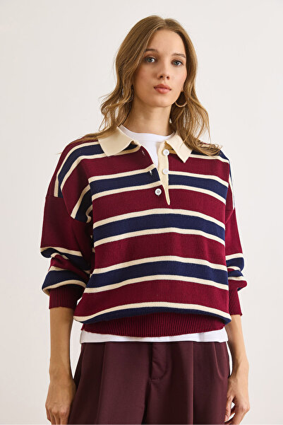 Olalook Pulover tricotat cu dungi pentru femei, bordeaux, bleumarin, cu guler polo KZK-19001030