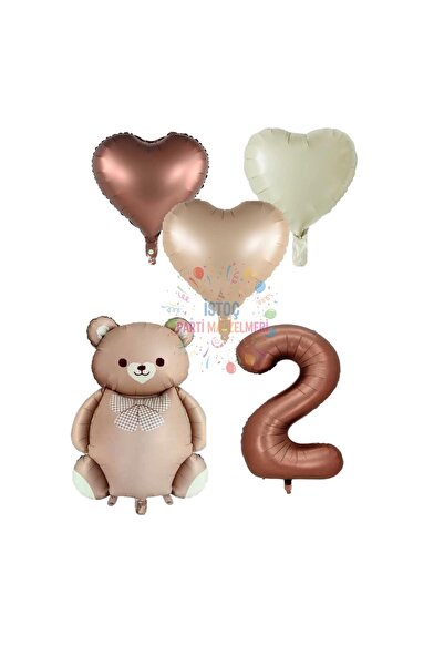 İSTOÇ PARTİ Brown Color Number Teddy Bear and Heart Foil Balloon Set Age 2
