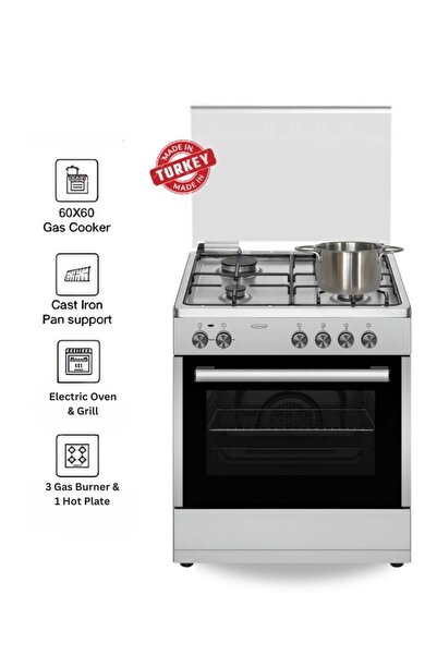 Venüs موقد طهي فينوس ٦٠×٦٠ سم من الفولاذ المقاوم للصدأ | ٣ شعلات غاز + موقد كهربائي | فرن كهربائي و