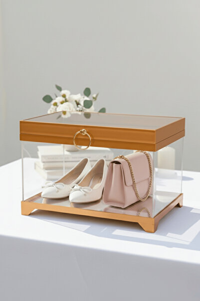 BYC Home & Design Altın/Gümüş Çerçeveli Pleksi Çeyiz Sandığı – Bohça, Söz, Nişan, Düğün İçin Kutlama Sandığı, 24×34×24