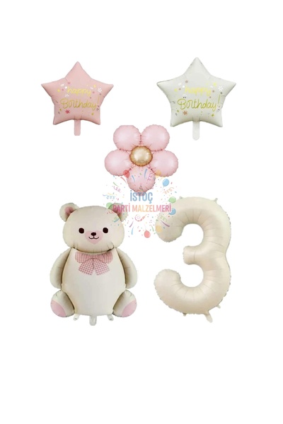 İSTOÇ PARTİ Cream Color Number and Teddy Bear Starry Daisy Foil Balloon Set A...
