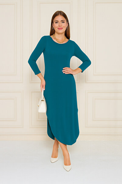 CrazyShopping Kadın Uzun Kollu Etegi Oval Yırtmajlı Midi Boy Salaş Elbise