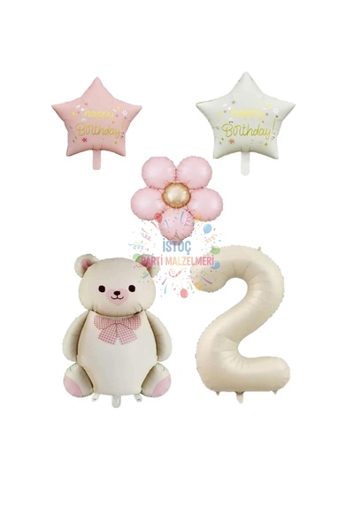 İSTOÇ PARTİ Cream Color Number and Teddy Bear Starry Daisy Foil Balloon Set A...
