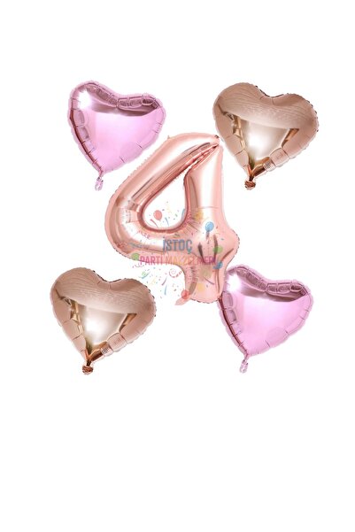 İSTOÇ PARTİ Rose Gold Number Heart and Pink Heart Foil Balloon Set Age 4