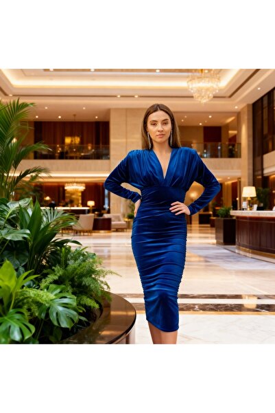 STYLENEST Mavi Kadife V Yaka Uzun Kollu Büzgülü Kalem Elbise - Şık Gece ve Davet Kombini