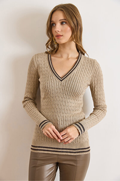 Olalook Women's Stone V-Neck Stripe Detailed Hair Knitwear Sweater Kzk-19001027