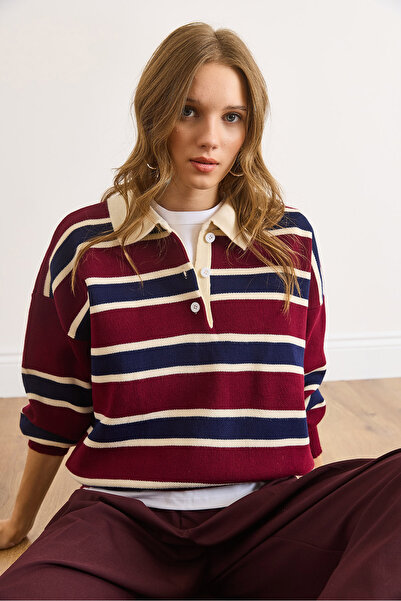 Olalook Pulover tricotat cu dungi pentru femei, bordeaux, bleumarin, cu guler polo KZK-19001030
