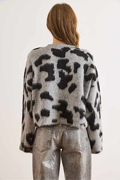 Olalook Kadın Gri Bisiklet Yaka Leopar Crop Triko Kazak KZK-19001032