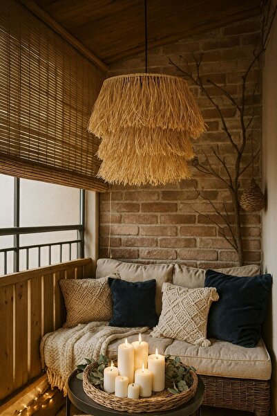 Home Bohem Handmade Üç Katlı Doğal Rafya Hasır Sarkıt Avize