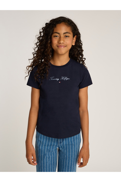 Tommy Hilfiger Girls Dark Night Navy Logo Crew Neck Slim T-Shirt