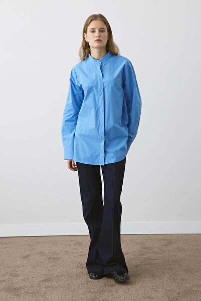 Hooopstore Premium Detachable Tie Detail Poplin Blue Shirt